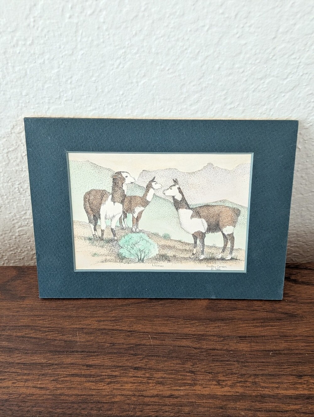 Original Pointillism Art Llamas Matted Artist Signed Dudley Carson 5x7